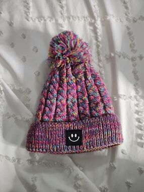 Kids Multicolor Pom Pom Beanie Hat with Smile Patch